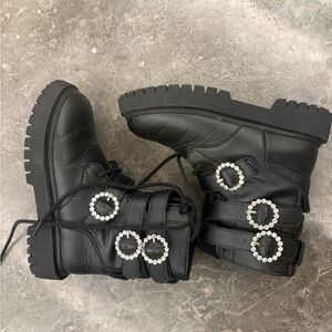 Zara Black Lace-Up Boots with Crystal Chain Accent